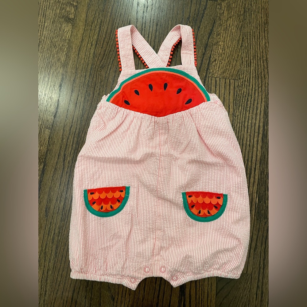 Baby Boden Fun Ticking Romper in Pink Lemonade Watermelons